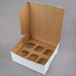 A white 10" x 10" x 4" cupcake box with 6 brown cardboard slots inside.
