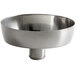 A silver stainless steel bowl for a juicer with a round base.