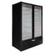 A black Beverage-Air refrigerated glass door merchandiser with LED lighting.
