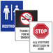 A package of three Avery Surface Safe square sign labels with a red stop sign and white text on a white background.