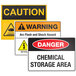 A package of Avery Rectangle Water and Chemical Resistant Sign Labels with white background and three different warning signs.