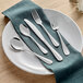 Acopa Benson stainless steel flatware set on a blue napkin with a white plate.
