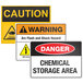 A package of Avery Rectangle Water and Chemical Resistant Sign Labels with white background and three different warning signs on them.