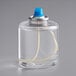 A clear container with a blue top and a clear liquid Leola candle fuel cartridge inside.