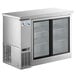 An Avantco stainless steel back bar refrigerator with glass doors.
