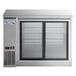 An Avantco stainless steel back bar refrigerator with narrow sliding glass doors.