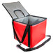 A red and black Sterno insulated food carrier bag with a strap.