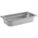 A close-up of a stainless steel Choice 1/3 size steam table pan with a lid.