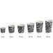 A row of Choice black and white double wall paper coffee cups with different designs.