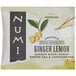 A package of Numi Organic Decaf Ginger Lemon Tea Bags with text and images on it.