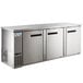 Three stainless steel Avantco back bar refrigerators with open doors.