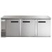 An Avantco stainless steel back bar refrigerator with three solid doors.