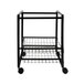 A black metal cart with sliding baskets on wheels.