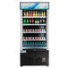 A black Avantco refrigerated air curtain merchandiser full of soda and soft drinks.