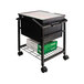 A black cart with Advantus Legal/Letter Size file storage boxes stacked on it.
