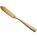 A close up of a Bon Chef gold stainless steel butter knife with a long handle.