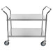 A Regency stainless steel two shelf utility cart with wheels.