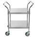 A silver stainless steel Regency utility cart with two shelves.