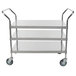 A Regency stainless steel three shelf utility cart with wheels.