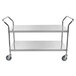 A silver Regency stainless steel two shelf cart with wheels.