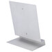A white rectangular Menu Solutions aluminum table tent with a metal base.