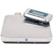 An Edlund stainless steel digital pizza scale with front tare sitting on a counter.
