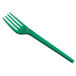 A close-up of a EcoChoice green CPLA plastic fork with a green handle.