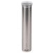 A close-up of a San Jamar stainless steel cup dispenser with a clear lid.