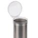 A close-up of a San Jamar stainless steel cup dispenser with a lid.