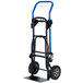 A Harper hand truck with blue handle and solid rubber wheels.