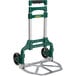 A green and silver Harper hand truck with wheels.