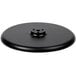 A black round cast iron table base with a screw.