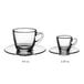A clear Acopa glass coffee cup and saucer set.