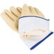 A pair of yellow oyster shucking gloves with a white band and blue trim.