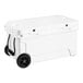 A white CaterGator outdoor cooler with black wheels.