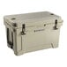 A tan CaterGator outdoor cooler with black handles and wheels.