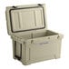 A tan CaterGator outdoor cooler with the lid open.