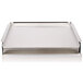 A silver rectangular griddle top with a white background.