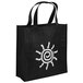A black non-woven shopping bag with a white sun on it.