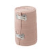 A roll of pink Medi-First elastic bandages with metal clips.