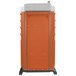 A PolyJohn portable restroom with a white and orange lid.