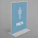 A Deflecto clear double-sided table sign holder with a blue and white sign featuring a man symbol.