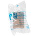 A clear plastic bag with a blue and white label wrapped around a roll of brown Medi-First self adhesive bandages.