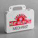 A white Medique first aid kit with red text reading "Heat Relief" containing emergency heat relief supplies.