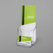 A clear plastic Deflecto brochure holder with business card pocket holding a green and white brochure