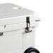 The white CaterGator cooler with black wheels and handles.