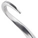 A silver curved metal dough hook.