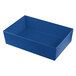 A blue rectangular cast aluminum bowl with a white speckled pattern.