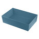A blue cast aluminum rectangular bowl with straight sides.