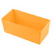 A Tablecraft orange cast aluminum rectangular bowl with straight sides.